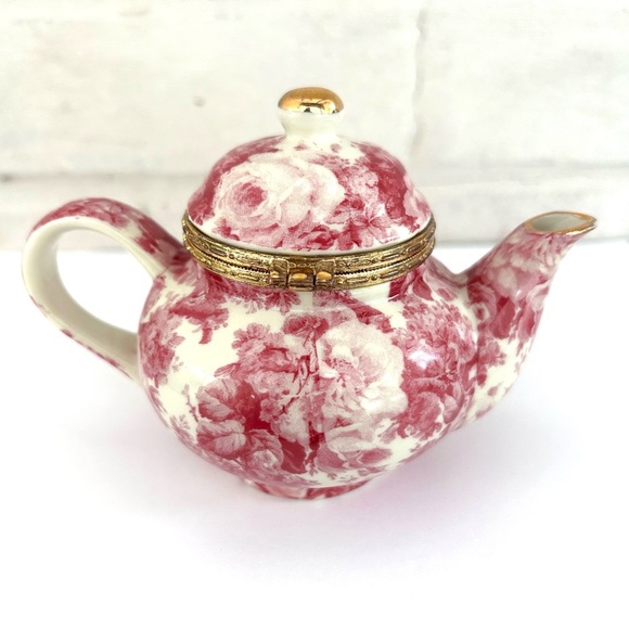 Mini Tea Pot Trinket Box Formalities By Baum Bros Rose Collection Gold Trim - Picture 2 of 10